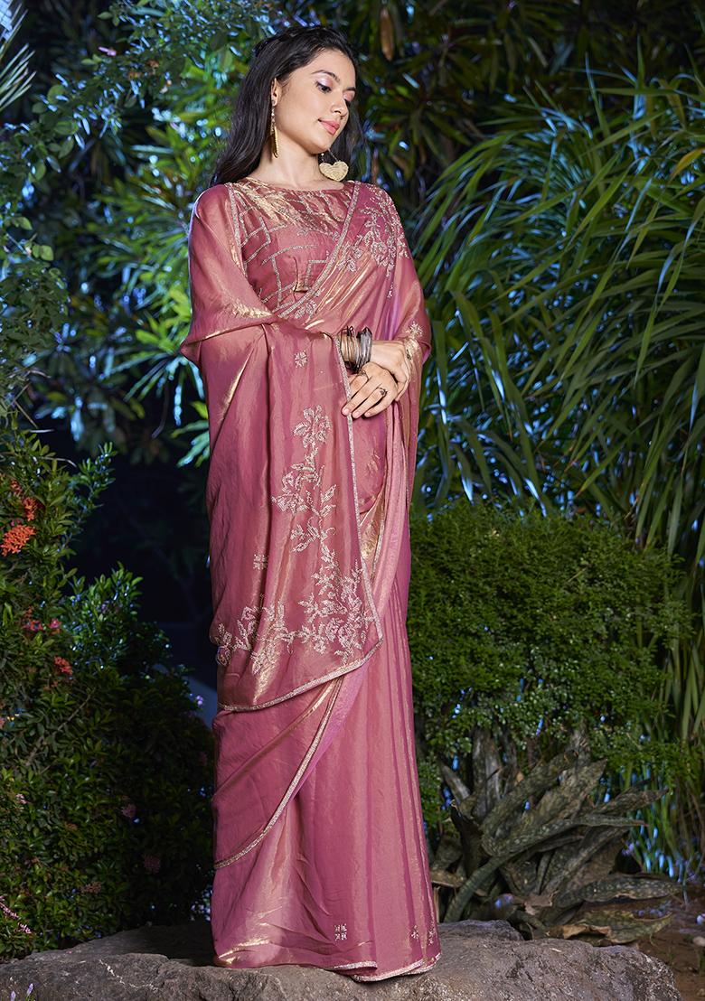 Gajri Zircon Embroidered Silk Saree Set - Indya