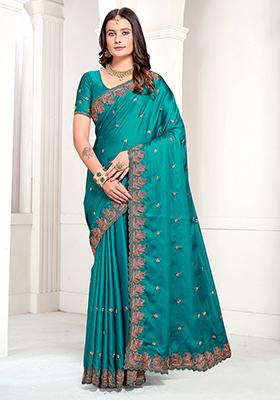 Rama Blue Resham Zari Embroidered Pure Satin Saree Set