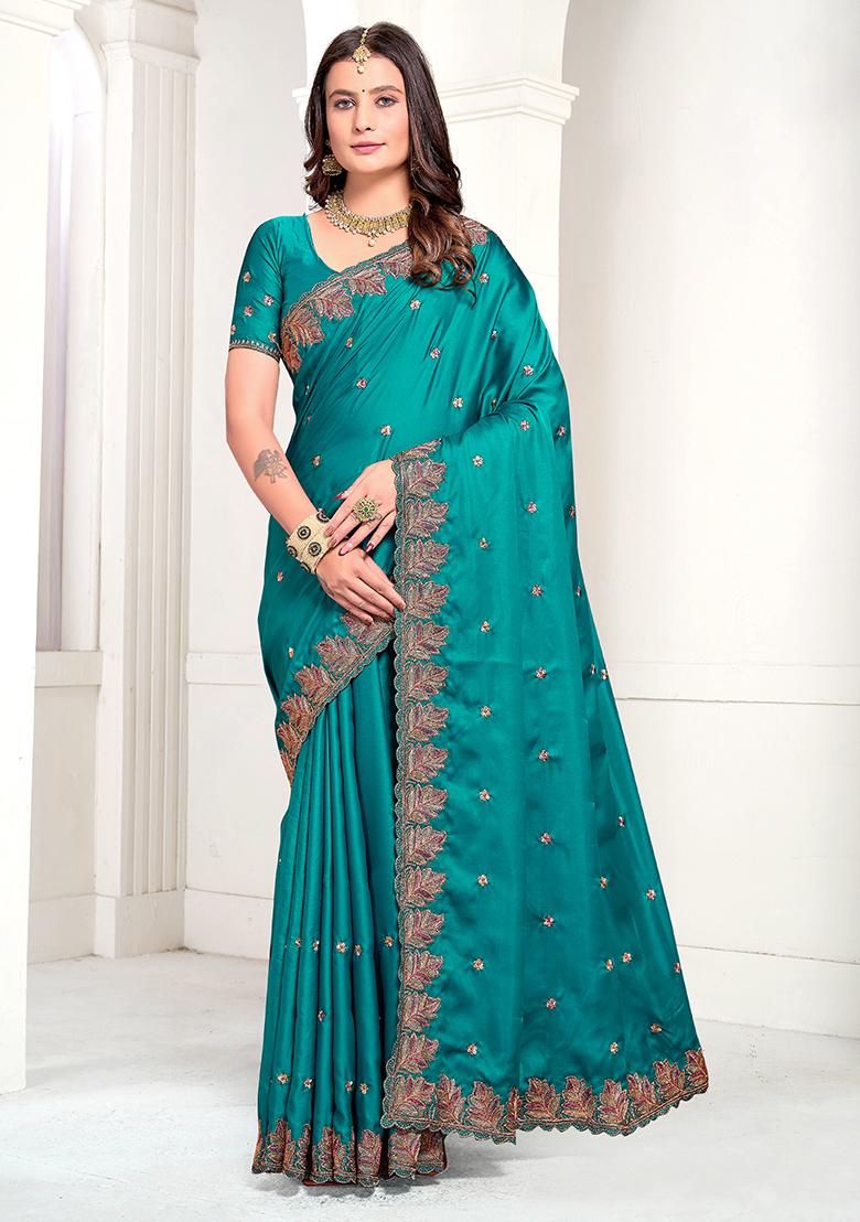 Rama Blue Resham Zari Embroidered Pure Satin Saree Set
