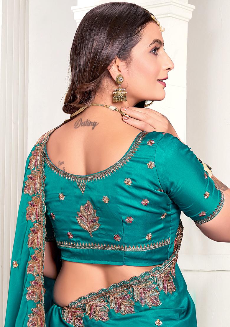 Rama Blue Resham Zari Embroidered Pure Satin Saree Set