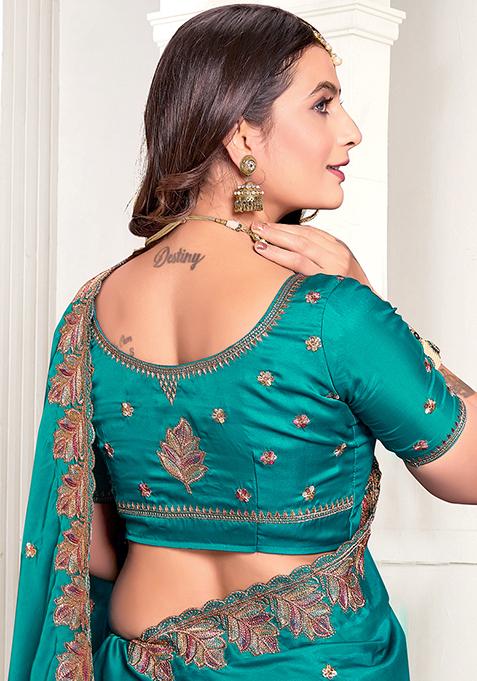 Rama Blue Resham Zari Embroidered Pure Satin Saree Set