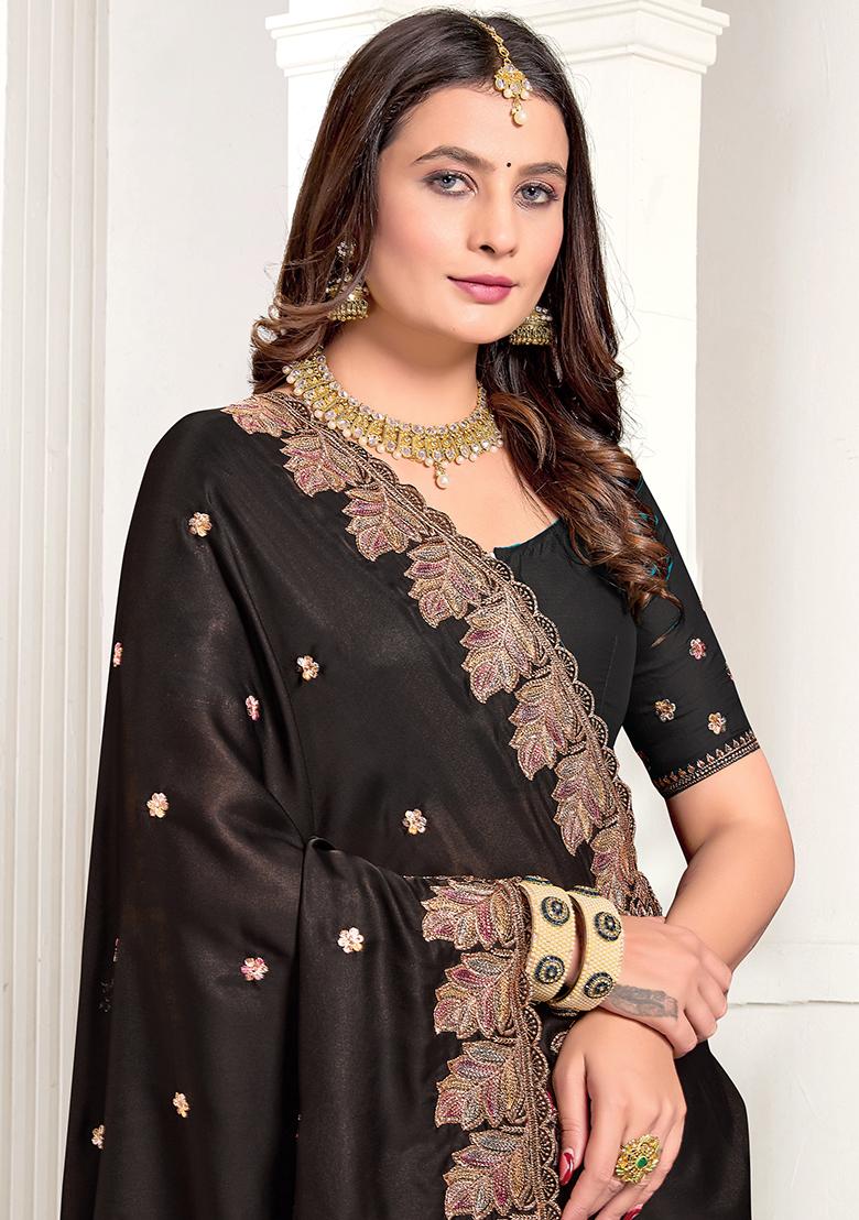 Black Resham Zari Embroidered Pure Satin Saree Set