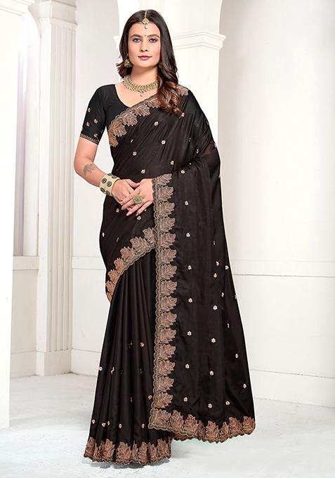 Black Resham Zari Embroidered Pure Satin Saree Set