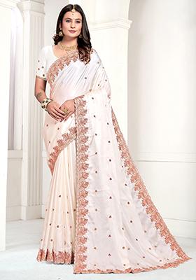 Off White Resham Zari Embroidered Pure Satin Saree Set