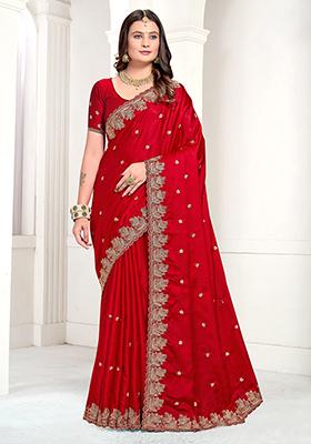 Red Resham Zari Embroidered Pure Satin Saree Set