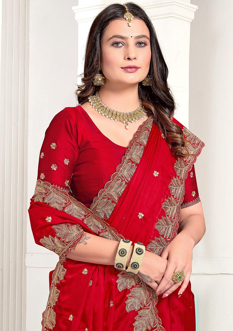 Red Resham Zari Embroidered Pure Satin Saree Set