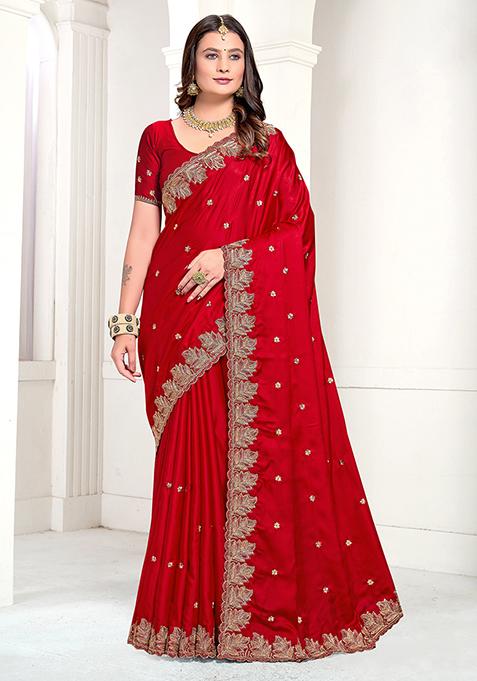 Red Resham Zari Embroidered Pure Satin Saree Set