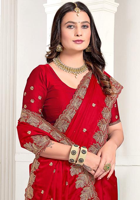Red Resham Zari Embroidered Pure Satin Saree Set