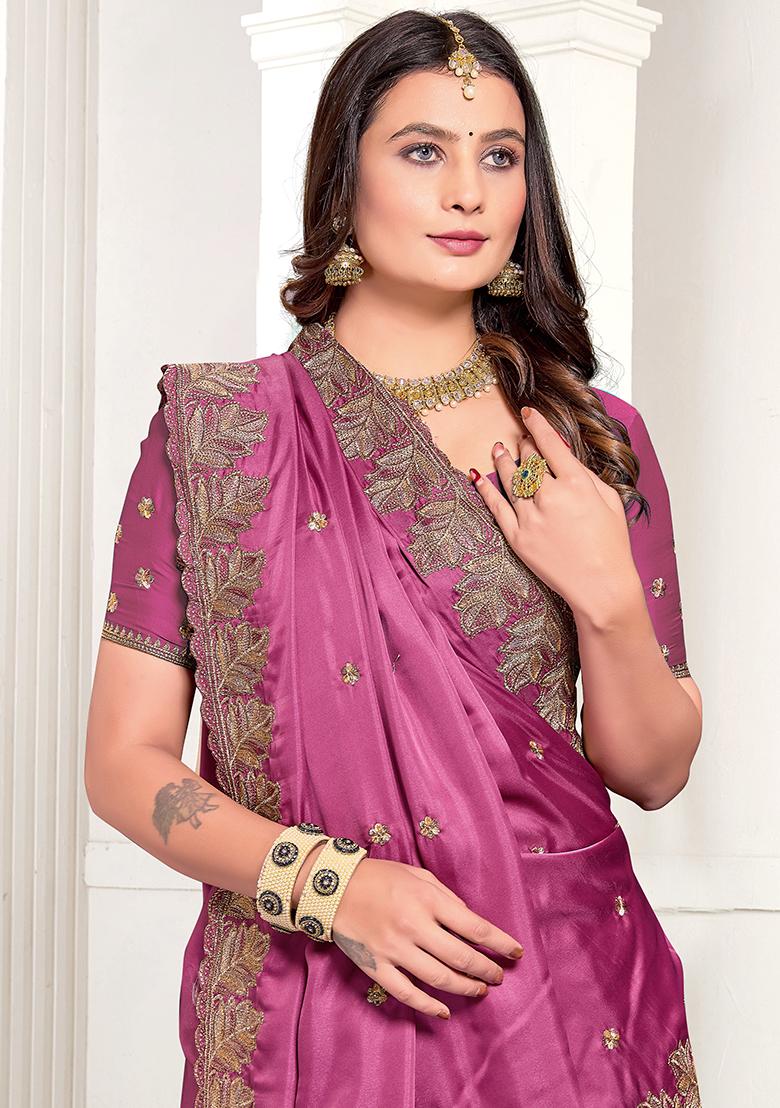 Dusty Gajri Resham Zari Embroidered Pure Satin Saree Set - Indya
