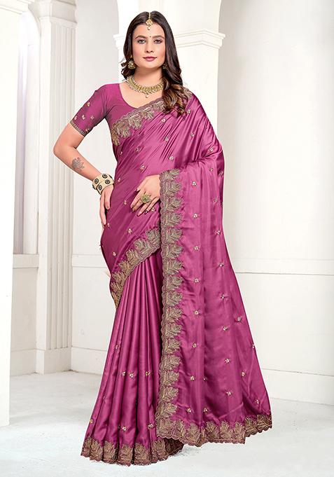 Dusty Gajri Resham Zari Embroidered Pure Satin Saree Set