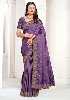 Dusty Lavender Resham Zari Embroidered Pure Satin Saree Set