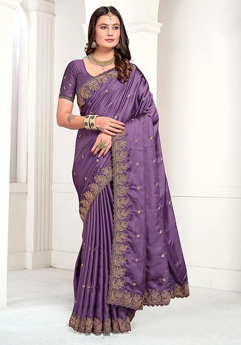 Dusty Lavender Resham Zari Embroidered Pure Satin Saree Set