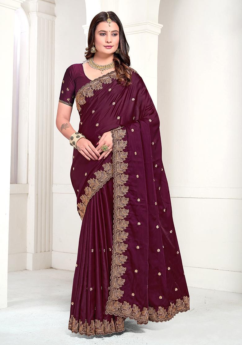 Wine Resham Zari Embroidered Pure Satin Saree Set