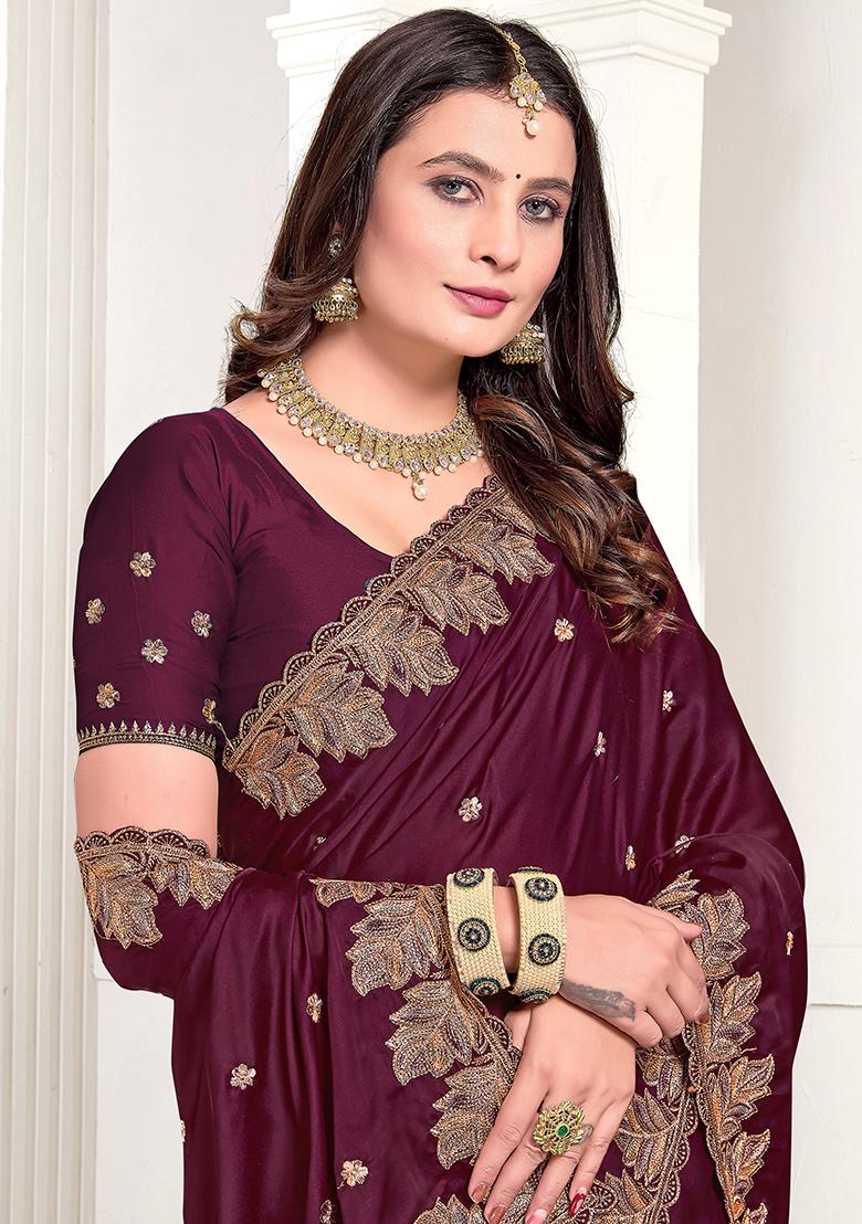 Wine Resham Zari Embroidered Pure Satin Saree Set
