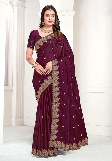 Wine Resham Zari Embroidered Pure Satin Saree Set