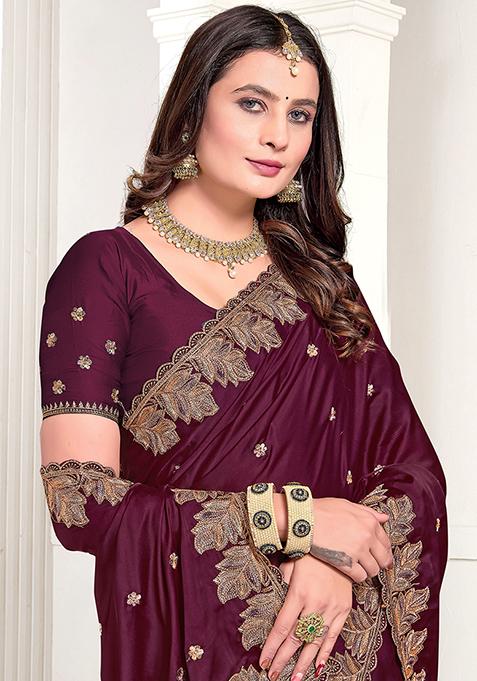 Wine Resham Zari Embroidered Pure Satin Saree Set