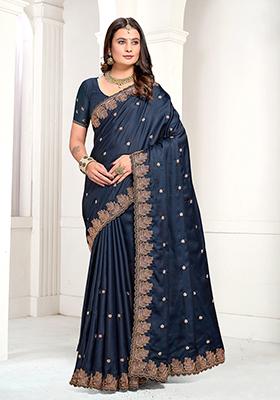 Dark Morpeach Resham Zari Embroidered Pure Satin Saree Set