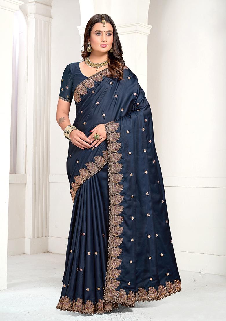 Dark Morpeach Resham Zari Embroidered Pure Satin Saree Set