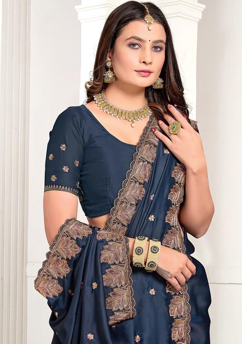 Dark Morpeach Resham Zari Embroidered Pure Satin Saree Set