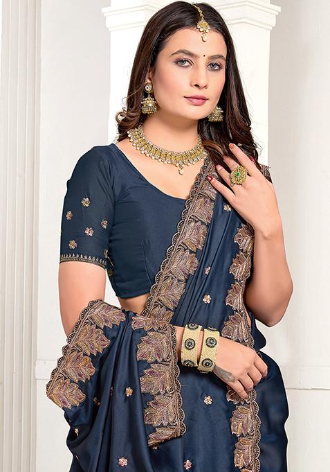 Dark Morpeach Resham Zari Embroidered Pure Satin Saree Set