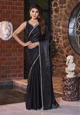 Black Zircon Work Satin Jimmy Silk Saree Set