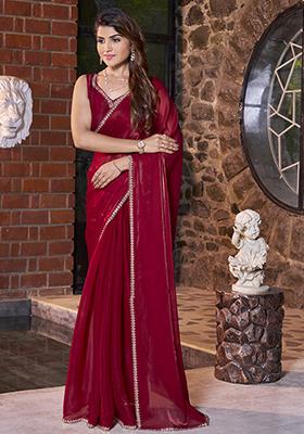 Maroon Zircon Work Satin Jimmy Silk Saree Set