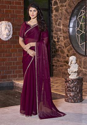 Wine Zircon Work Satin Jimmy Silk Saree Set