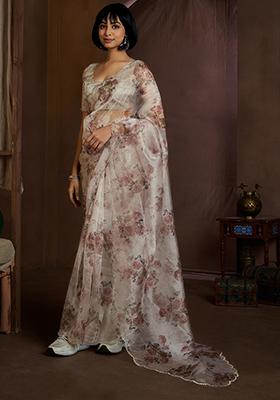 Chiku Brown Zircon Work Soft Organza Saree Set