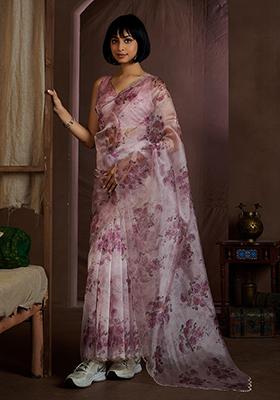 Lavender Zircon Work Soft Organza Saree Set