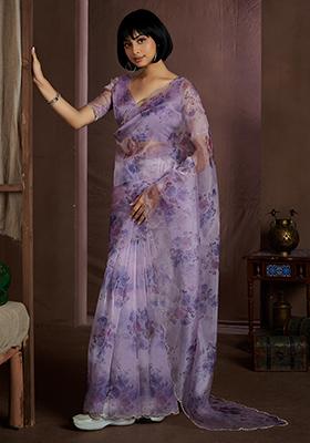 Purple Zircon Work Soft Organza Saree Set