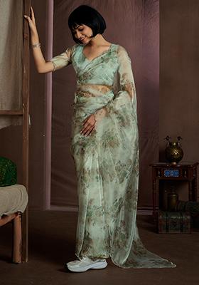 Pista Green Zircon Work Soft Organza Saree Set