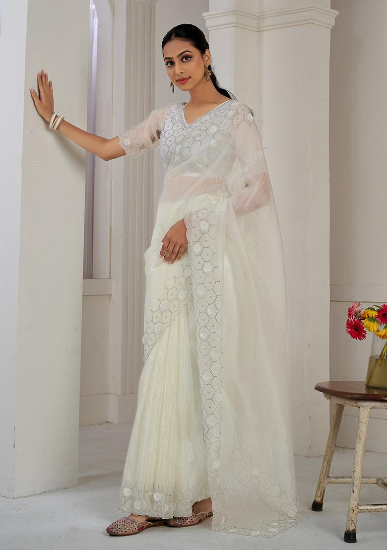 Cream Sequin Zircon Embroidered Soft Organza Saree Set - Indya