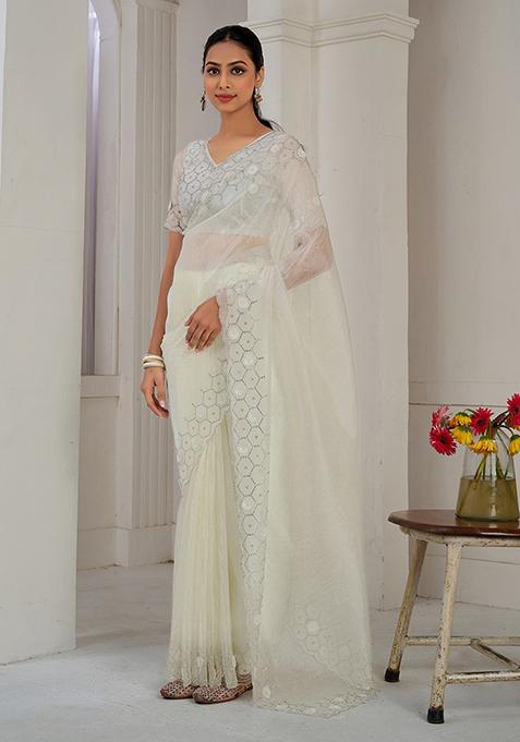 Cream Sequin Zircon Embroidered Soft Organza Saree Set