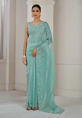 Green Sequin Zircon Embroidered Soft Organza Saree Set