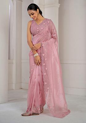 Dusty Pink Sequin Zircon Embroidered Soft Organza Saree Set
