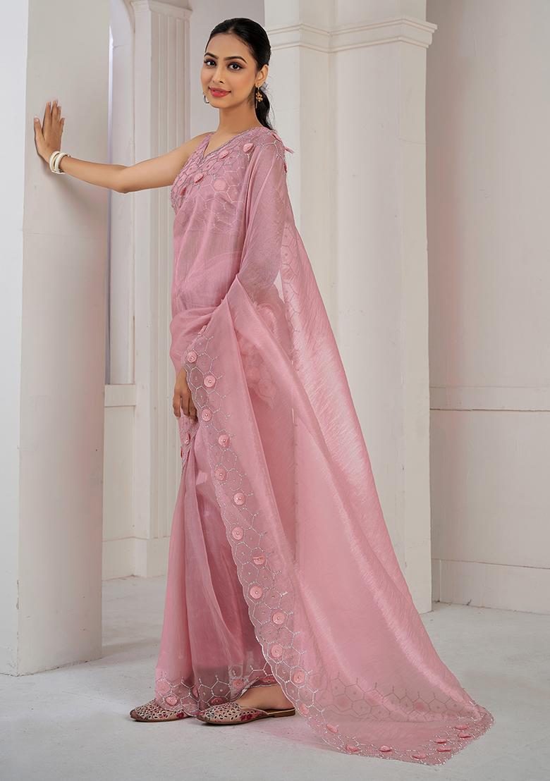 Dusty Pink Sequin Zircon Embroidered Soft Organza Saree Set - Indya