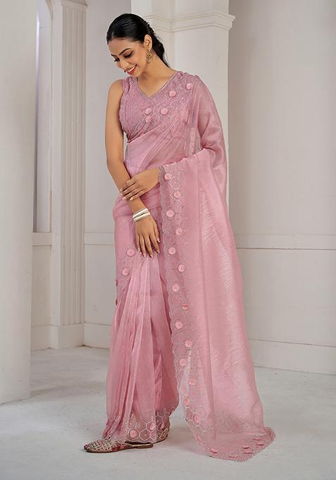 Dusty Pink Sequin Zircon Embroidered Soft Organza Saree Set