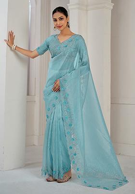 Sky Blue Sequin Zircon Embroidered Soft Organza Saree Set
