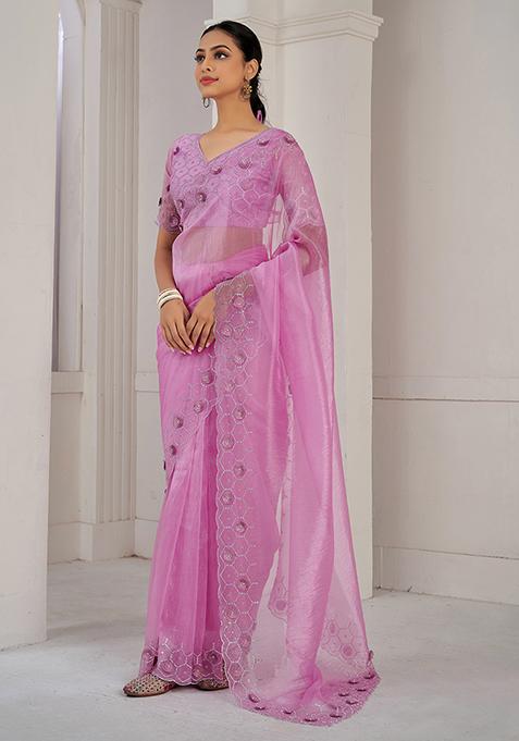 Pink Sequin Zircon Embroidered Soft Organza Saree Set