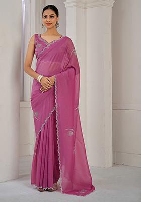 Pink Zircon Work Pure Crush Silk Saree Set