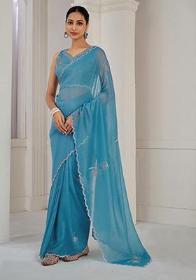 Blue Zircon Work Pure Crush Silk Saree Set
