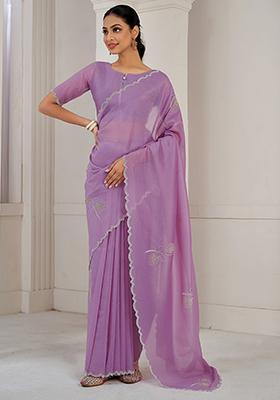 Lavender Zircon Work Pure Crush Silk Saree Set