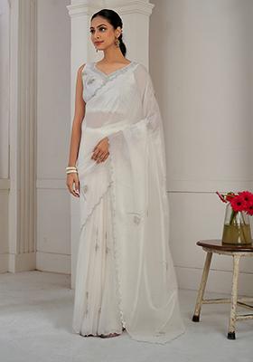 Cream Zircon Work Pure Crush Silk Saree Set