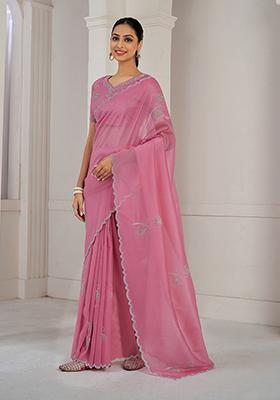 Dusty Pink Zircon Work Pure Crush Silk Saree Set