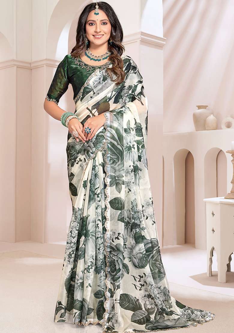Cream Zircon Hand Organza Silk Blend Saree Set with Embroidered for Diwali | Wedding & Festive Wear - Indya