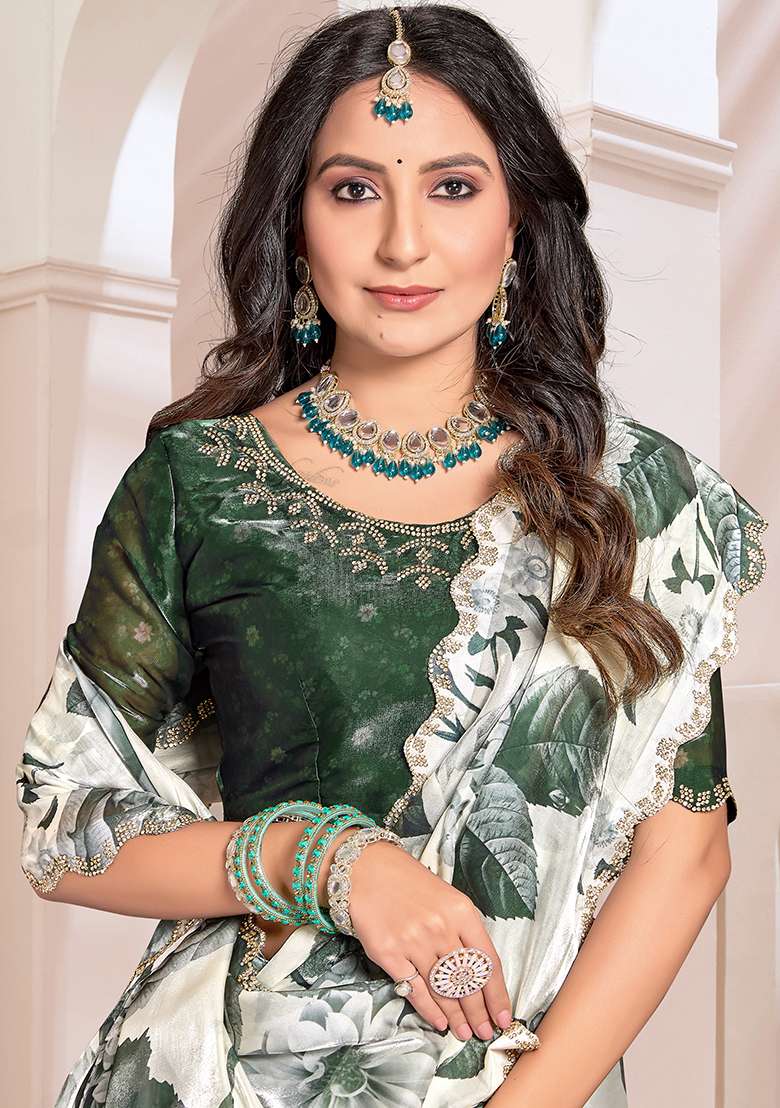 Cream Zircon Hand Organza Silk Blend Saree Set with Embroidered for Diwali | Wedding & Festive Wear - Indya