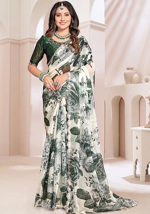 Cream Zircon Hand Embroidered Organza Silk Saree Set
