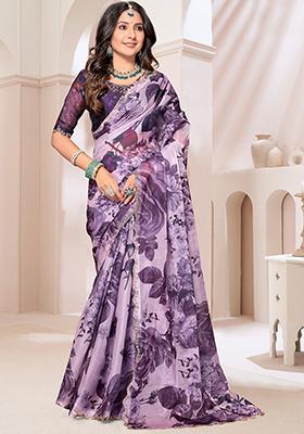 Lavender Zircon Hand Embroidered Organza Silk Saree Set