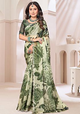 Mehendi Zircon Hand Embroidered Organza Silk Saree Set