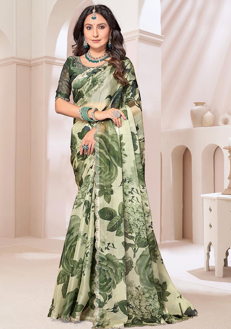 Mehendi Zircon Hand Embroidered Organza Silk Saree Set
